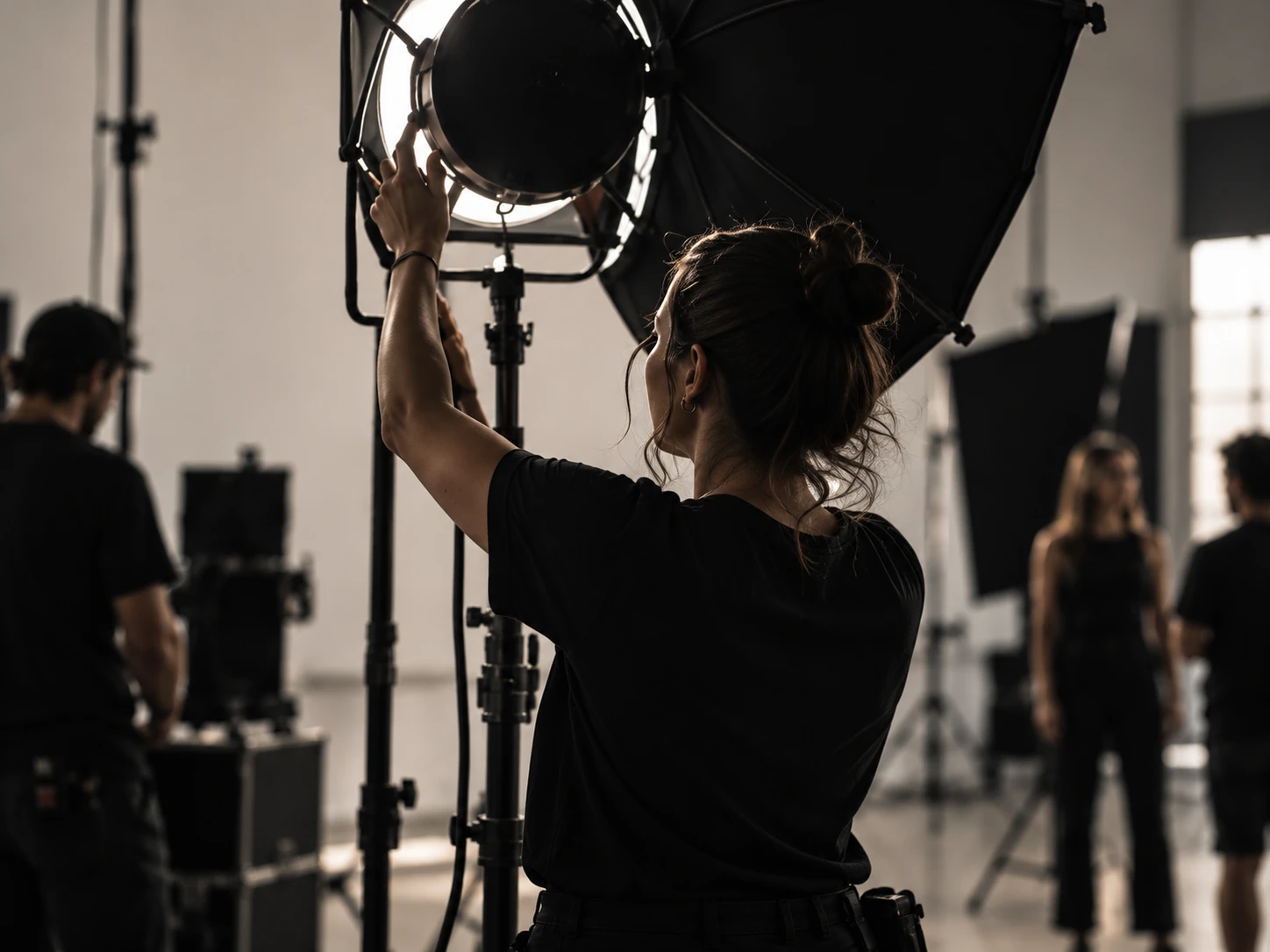 Integrante del equipo ajustando un softbox durante el rodaje