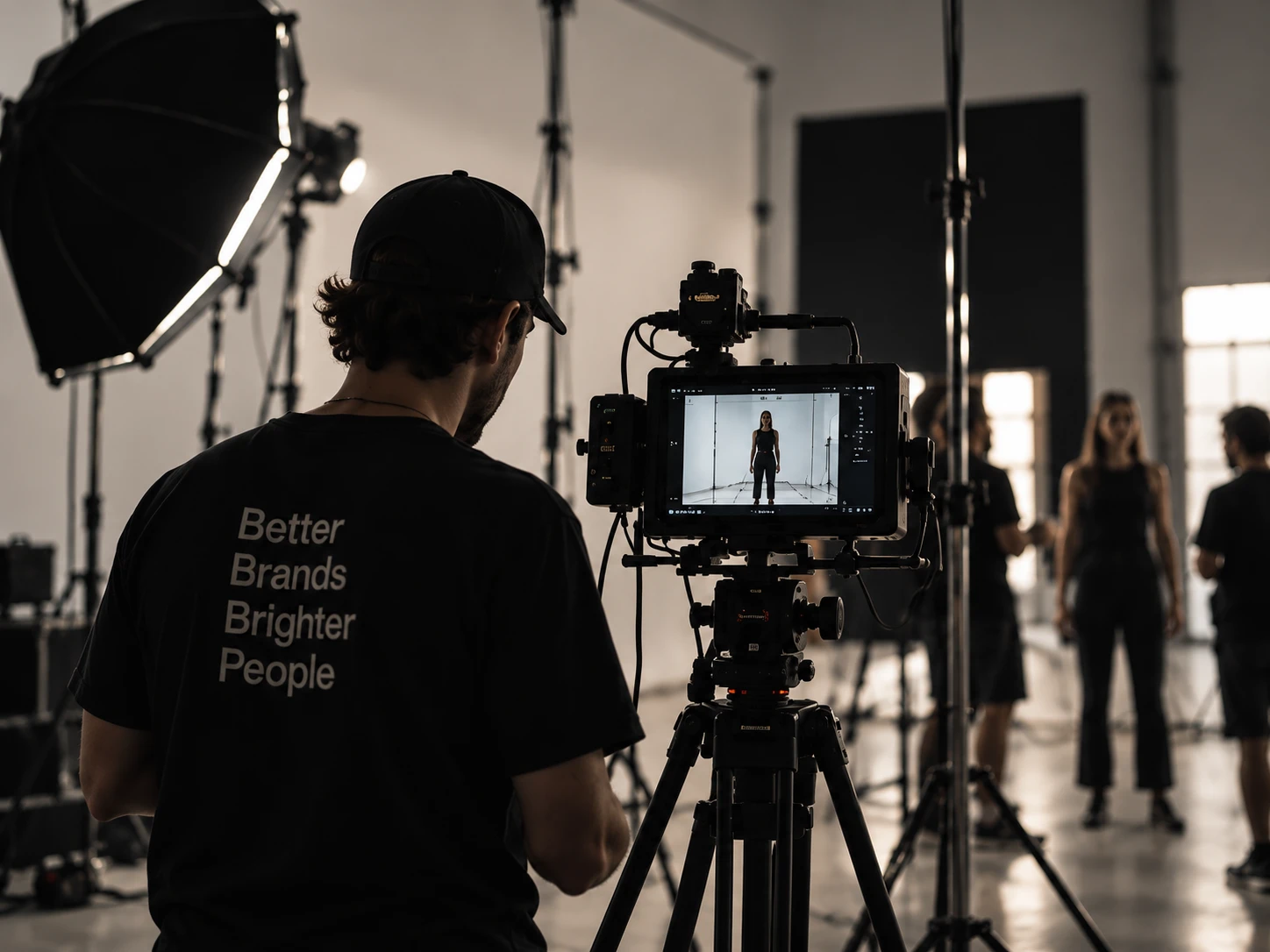 Backstage de una producción de Dynamic: cámara y luces de estudio con modelo en cuadro