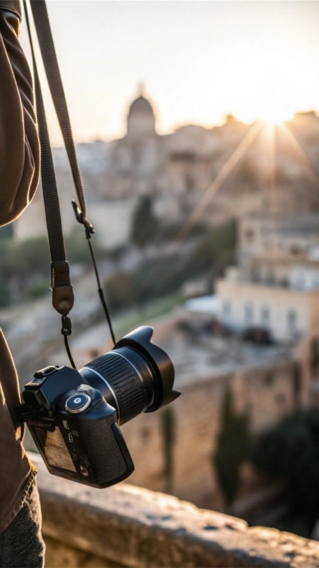 Viajero con camara frente a una ciudad al atardecer, mundo TURISMO de Dynamic